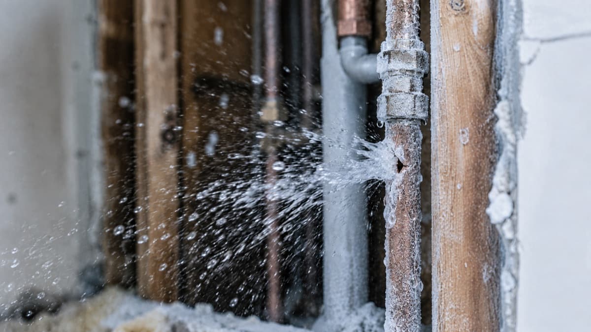 Water spraying from a split in a frozen, frost-covered pipe inside an opened stud wall.