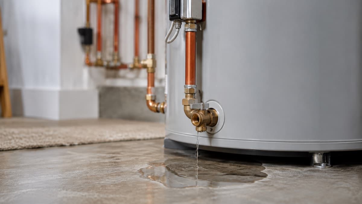 Water running from the drain valve of a residential water heater and pooling on the floor.