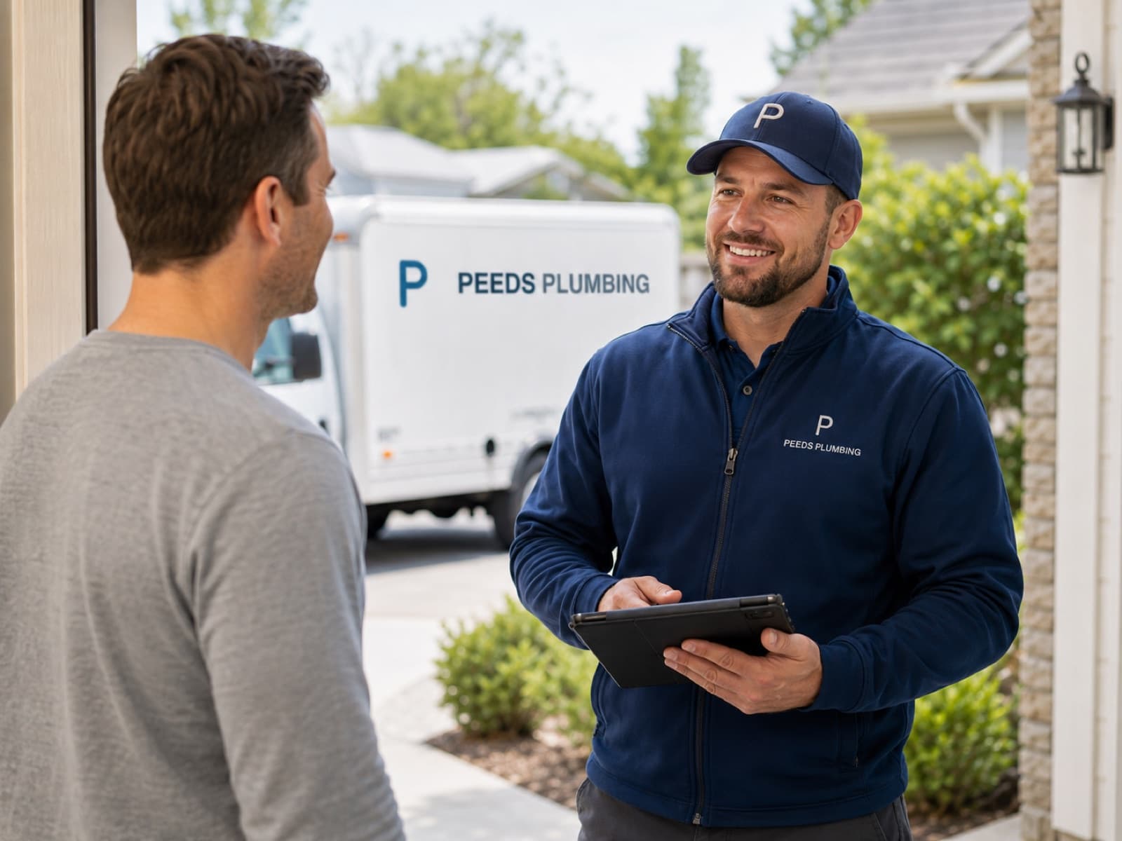 A Peeds Plumbing technician confirming the job with a homeowner at the front door.