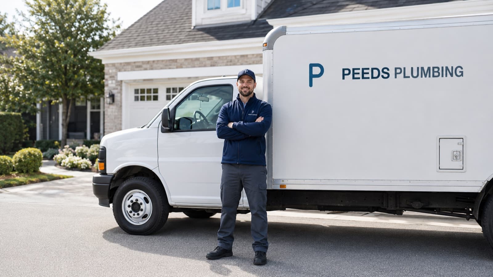 A branded Peeds Plumbing truck parked on a residential street in Fairfax County.