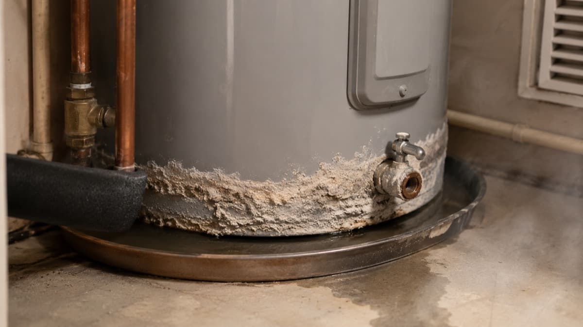 Heavy mineral scale crusted around the base of an old water heater standing in a drip pan.