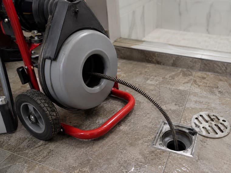 A drain machine cable being fed into a household waste line.
