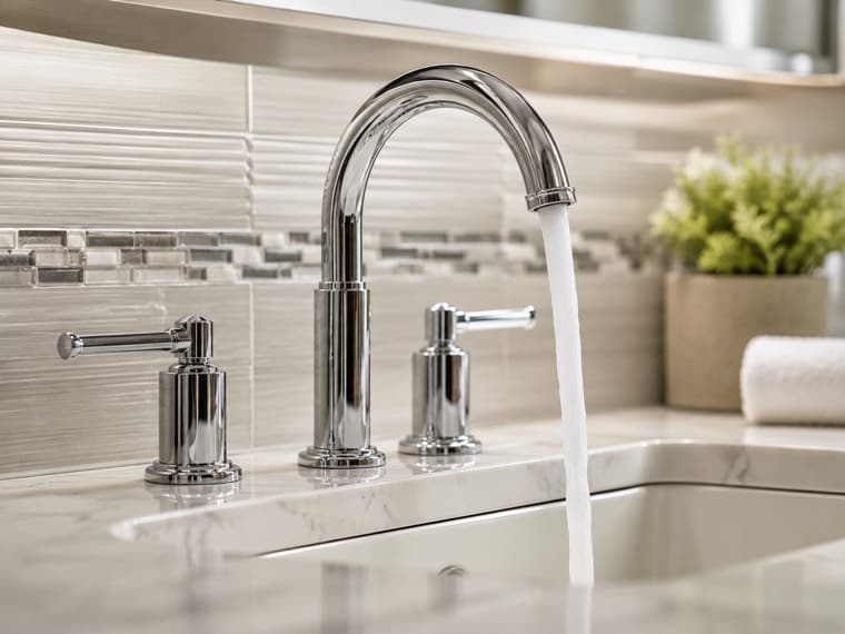 A new kitchen faucet being fitted at the sink.