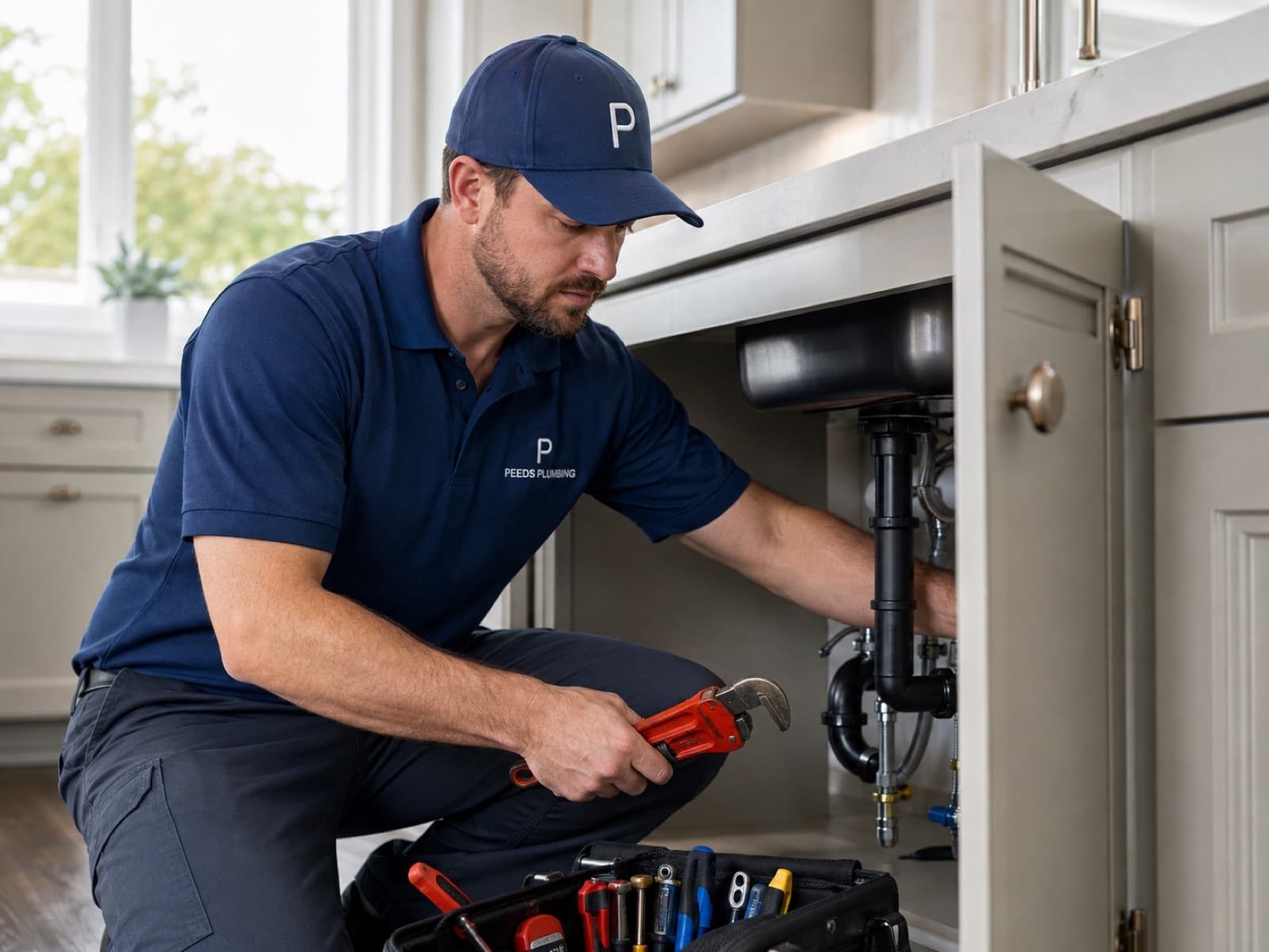A Peeds Plumbing technician working under a kitchen sink with a pipe wrench.