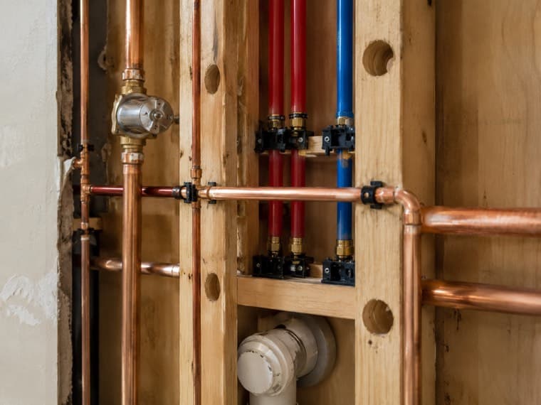 New copper pipe runs installed through open joists.