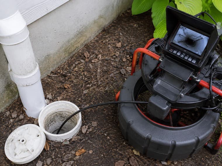 A sewer inspection camera reel at an outside cleanout, footage on the monitor.