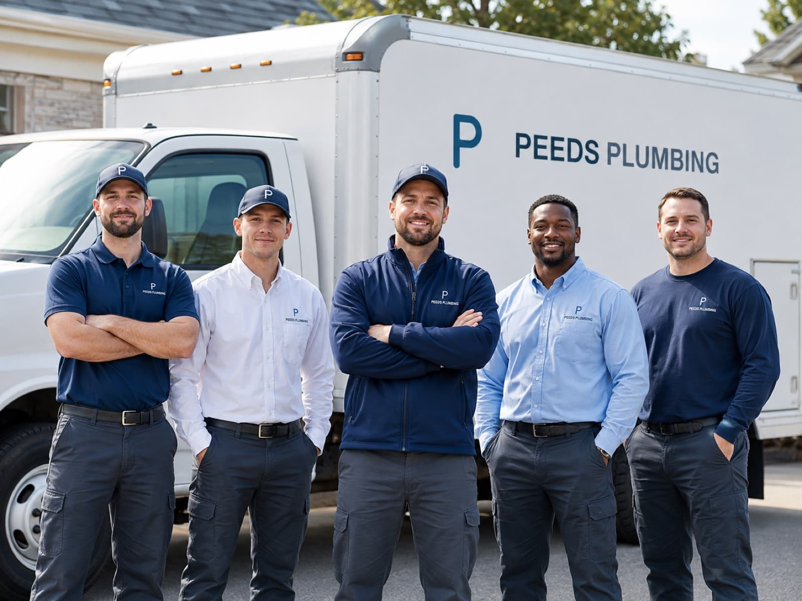 The Peeds Plumbing technicians standing in front of a branded truck.